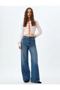 Koton Bow Crop Cardigan Ribbed Slim Fit Long Sleeve Round Neck Cotton