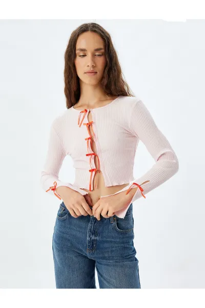 Koton Bow Crop Cardigan Ribbed Slim Fit Long Sleeve Round Neck Cotton