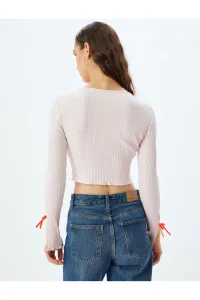 Koton Bow Crop Cardigan Ribbed Slim Fit Long Sleeve Round Neck Cotton