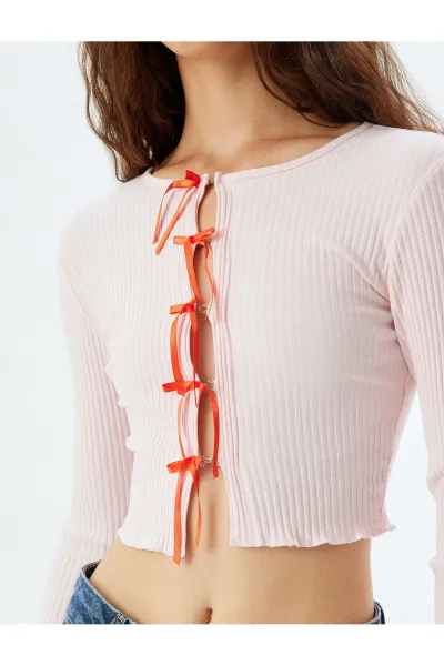 Koton Bow Crop Cardigan Ribbed Slim Fit Long Sleeve Round Neck Cotton