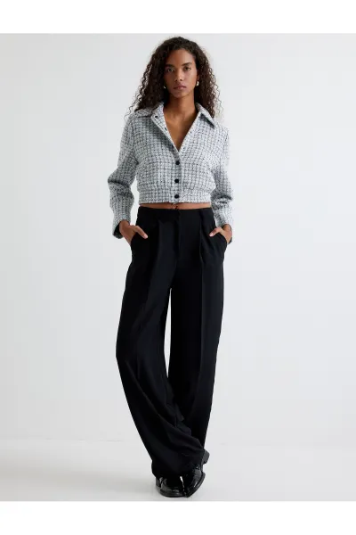 Koton Tweed Bomber Jacket with Pockets and Buttoned Shirt Collar