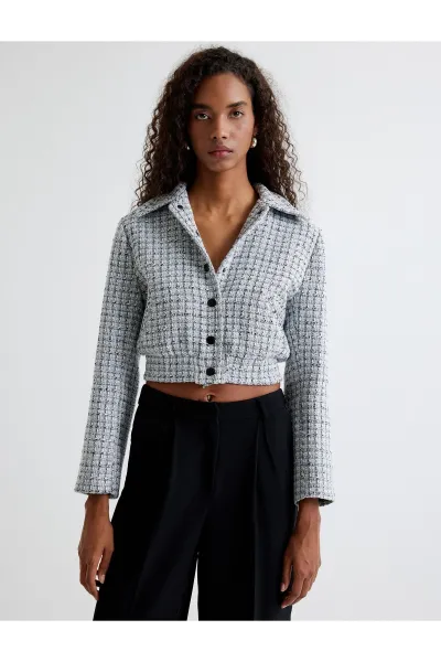 Koton Tweed Bomber Jacket with Pockets and Buttoned Shirt Collar