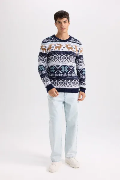 DEFACTO Standard Fit Christmas Themed Crew Neck Knitted Sweater