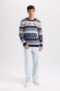 DEFACTO Standard Fit Christmas Themed Crew Neck Knitted Sweater
