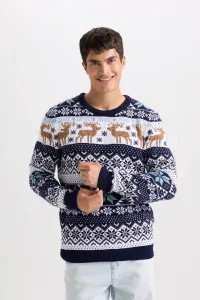 DEFACTO Standard Fit Christmas Themed Crew Neck Knitted Sweater
