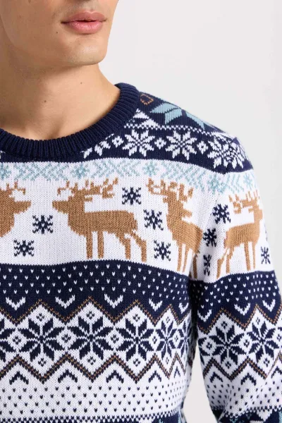 DEFACTO Standard Fit Christmas Themed Crew Neck Knitted Sweater