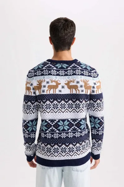 DEFACTO Standard Fit Christmas Themed Crew Neck Knitted Sweater