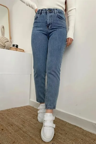 14924 Dewberry Mom Jeans High Waist Detail Boyfriend Jeans-DARK BLUE