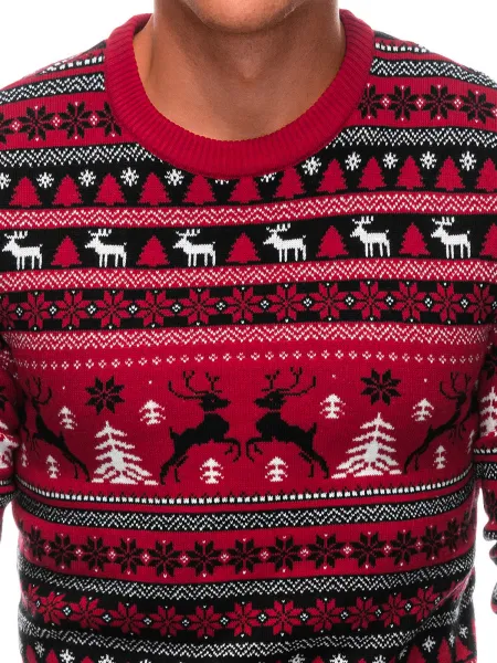 Edoti Men's red Christmas jumper with Norwegian patterns - red