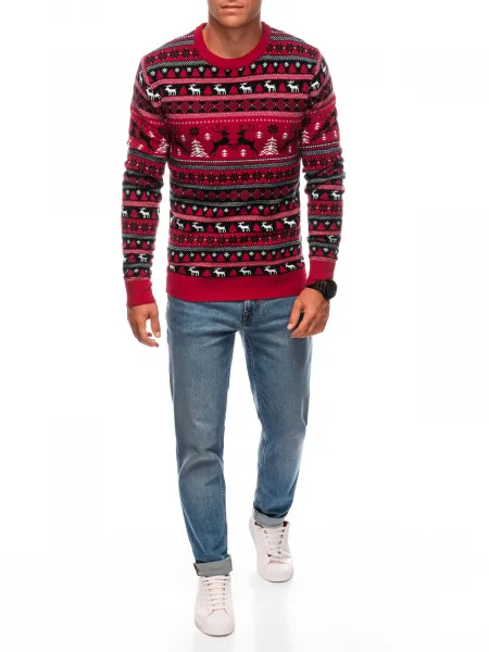 Edoti Men's red Christmas jumper with Norwegian patterns - red