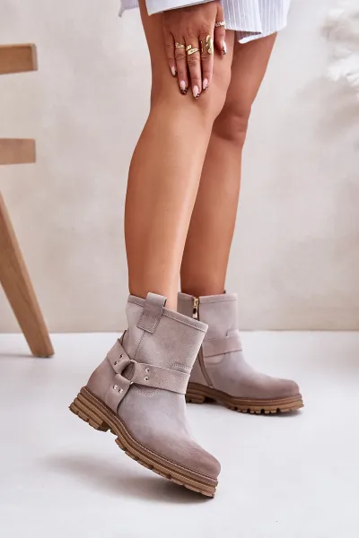 Suede women's ankle boots with flat heel Lewski Cappuccino