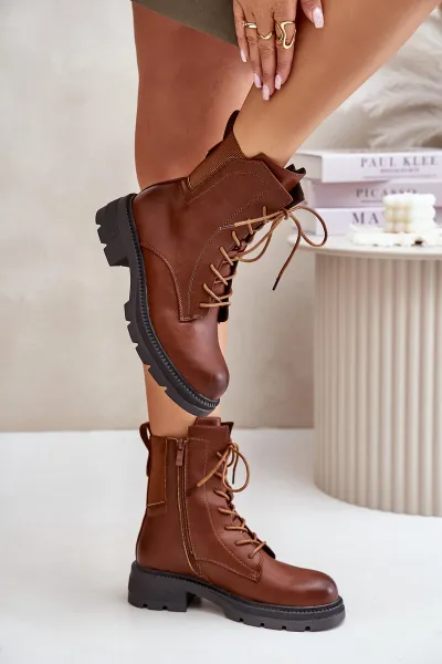 Insulated ankle boots Workers with zip brown Leairae