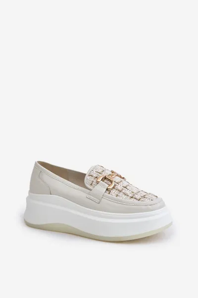 Women's leather moccasins on platform with gold decoration Vinceza light beige