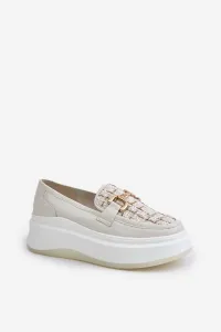 Women's leather moccasins on platform with gold decoration Vinceza light beige