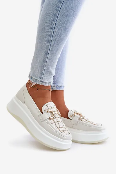 Women's leather moccasins on platform with gold decoration Vinceza light beige