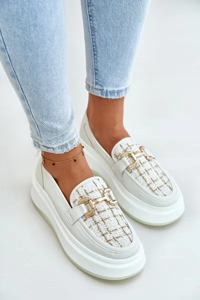 Women's leather moccasins on platform with gold decoration Vinceza light beige