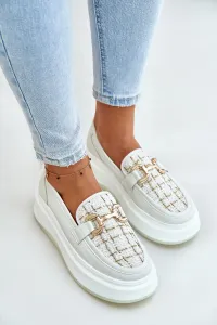 Women's leather moccasins on platform with gold decoration Vinceza light beige