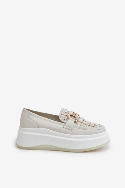 Women's leather moccasins on platform with gold decoration Vinceza light beige