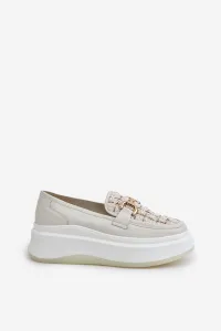 Women's leather moccasins on platform with gold decoration Vinceza light beige
