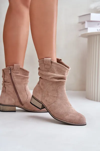 Insulated ankle boots with pleats on a low heel beige Elletinnia
