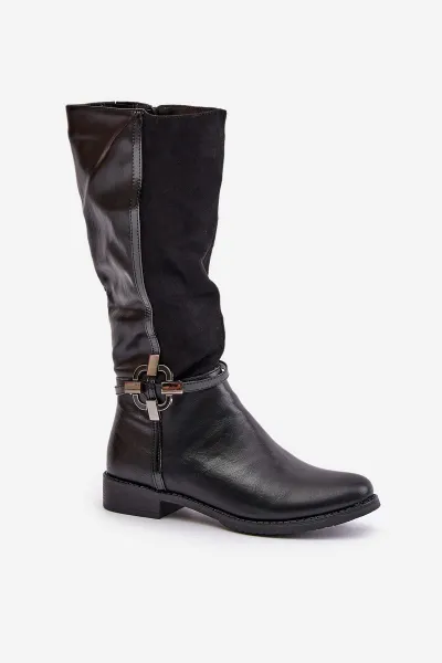 Insulated flat heel boots with decorative buckle black Leatharia