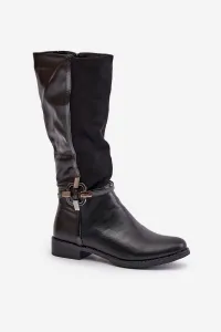 Insulated flat heel boots with decorative buckle black Leatharia