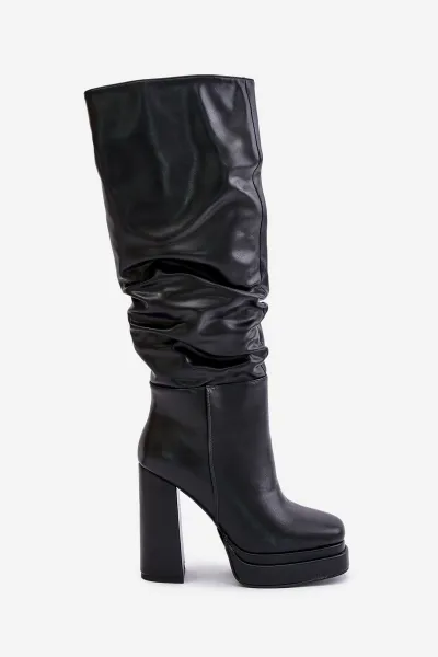 Slip-on boots with heel and platform with ruching insulated black Beridra