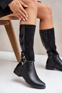 Insulated flat heel boots with decorative buckle black Leatharia