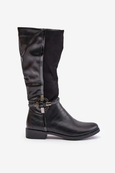 Insulated flat heel boots with decorative buckle black Leatharia