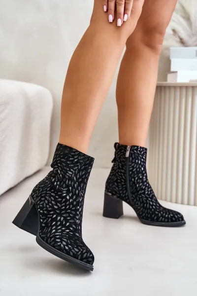 Suede ankle boots on a heel with decorative embossing D&A black
