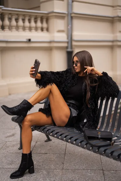 Suede ankle boots on a heel with decorative embossing D&A black