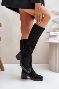 Insulated boots on heel eco suede below the knee black Leamirael