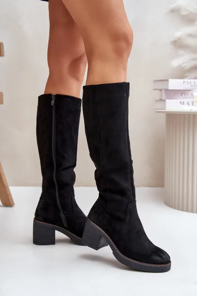 Insulated boots on heel eco suede below the knee black Leamirael