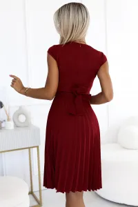 311-15 LILAC Pleated dress with short sleeves and belt - BORDO