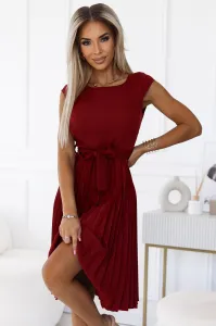 311-15 LILAC Pleated dress with short sleeves and belt - BORDO