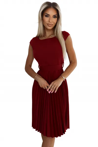 311-15 LILAC Pleated dress with short sleeves and belt - BORDO