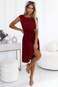 311-15 LILAC Pleated dress with short sleeves and belt - BORDO
