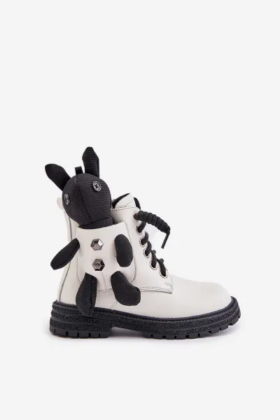 Leather insulated children's ankle boots with zipper with Vinceza bear white