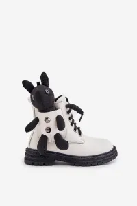 Leather insulated children's ankle boots with zipper with Vinceza bear white
