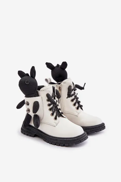 Leather insulated children's ankle boots with zipper with Vinceza bear white