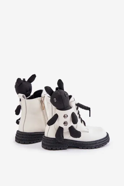 Leather insulated children's ankle boots with zipper with Vinceza bear white