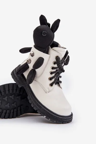 Leather insulated children's ankle boots with zipper with Vinceza bear white