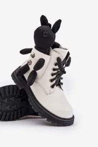 Leather insulated children's ankle boots with zipper with Vinceza bear white