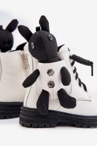 Leather insulated children's ankle boots with zipper with Vinceza bear white