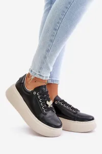 Women's leather platform sneakers with Vinceza brooch black