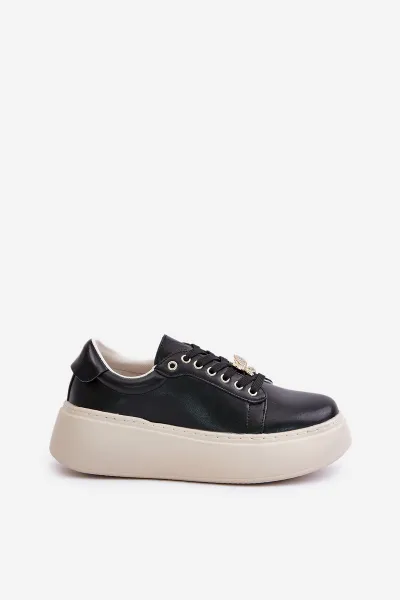 Women's leather platform sneakers with Vinceza brooch black