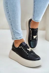 Women's leather platform sneakers with Vinceza brooch black