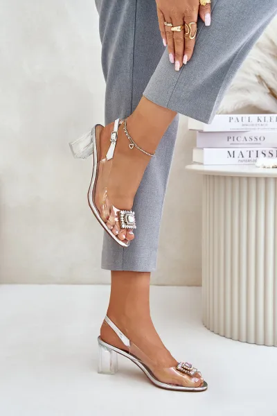Transparent sandals with a brooch on a heel D&A silver