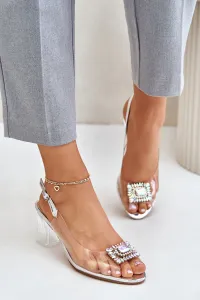 Transparent sandals with a brooch on a heel D&A silver