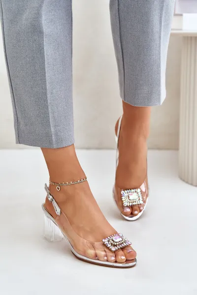 Transparent sandals with a brooch on a heel D&A silver